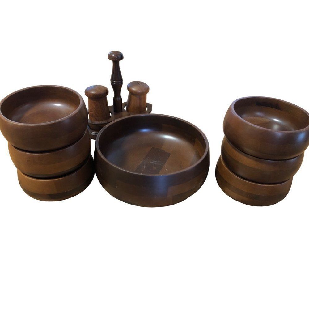 Hellerware wooden salad set serving bowl small bowls shakers salt pepper VTG